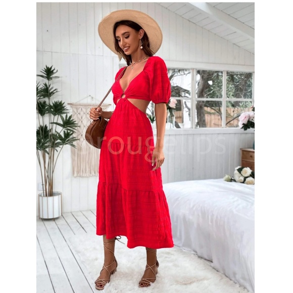 Red Midi Dress Backless Lace Up Puff Sleeve Flared Ruffle Hem V-Neck - Picture 7 of 9